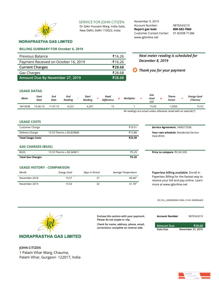 India Indraprasth Gas utility bill